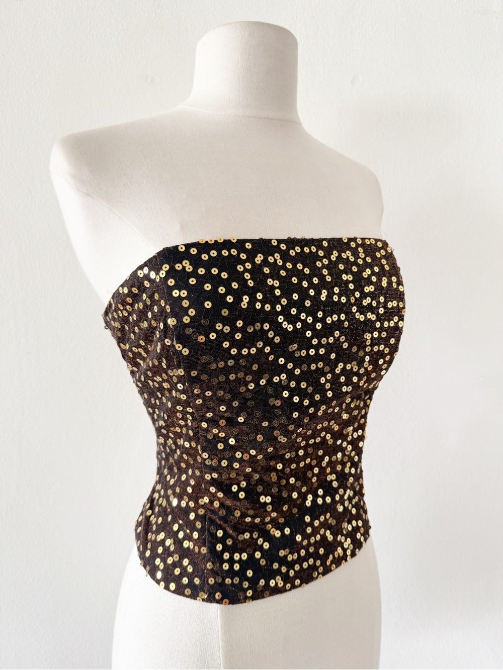 Vintage 90s Betsy & Adam Brown Gold Sequin Strapless Corset Top